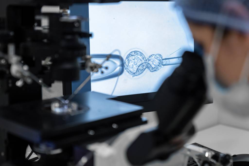 An embryologist uses a micromanipulator for ICSI treatment.